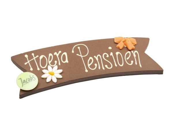 Chocolade boodschap "Hoera Pensioen"